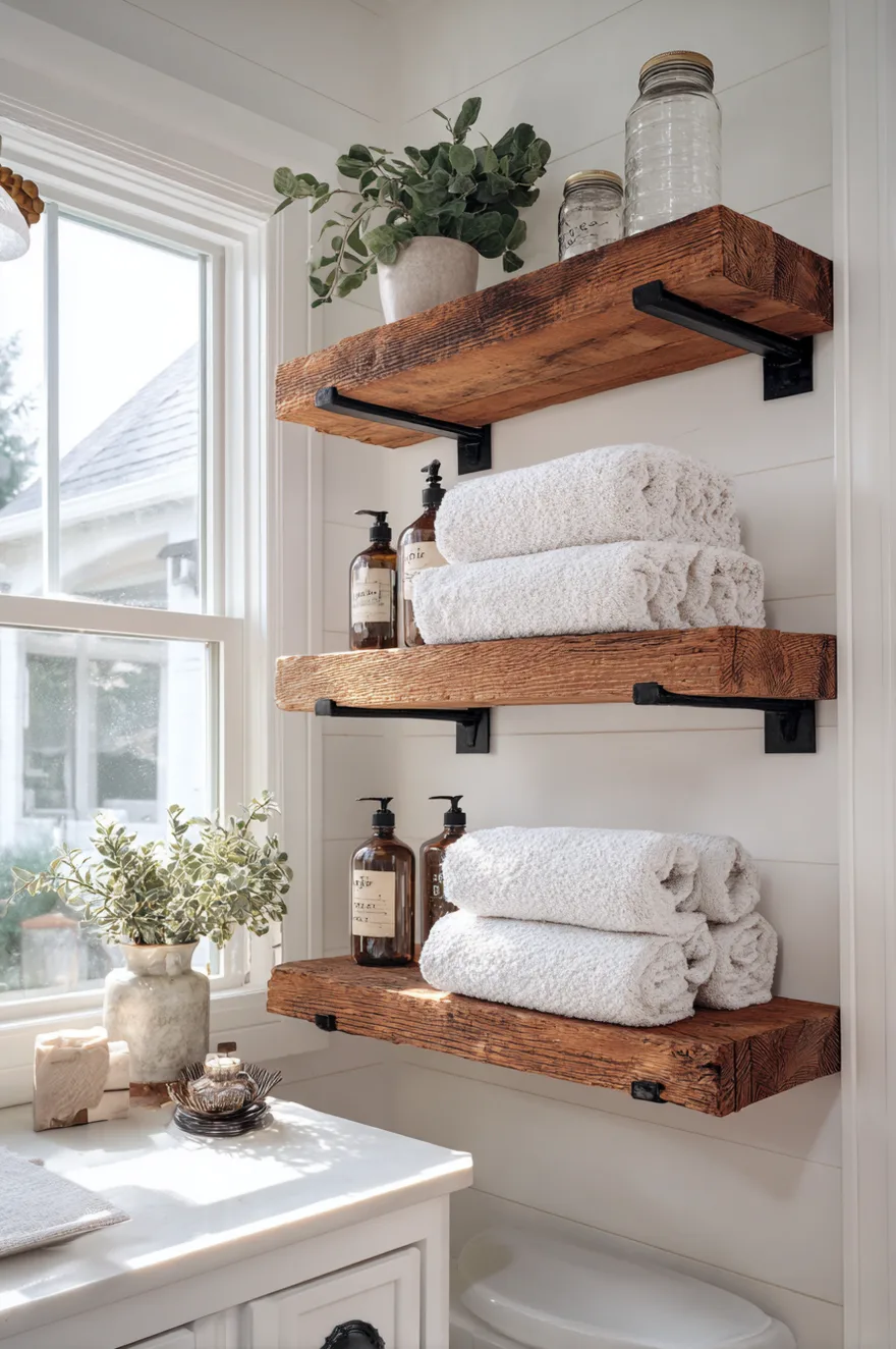 Chunky reclaimed wood shelves with black metal brackets installed on a white shiplap bathroom wall.