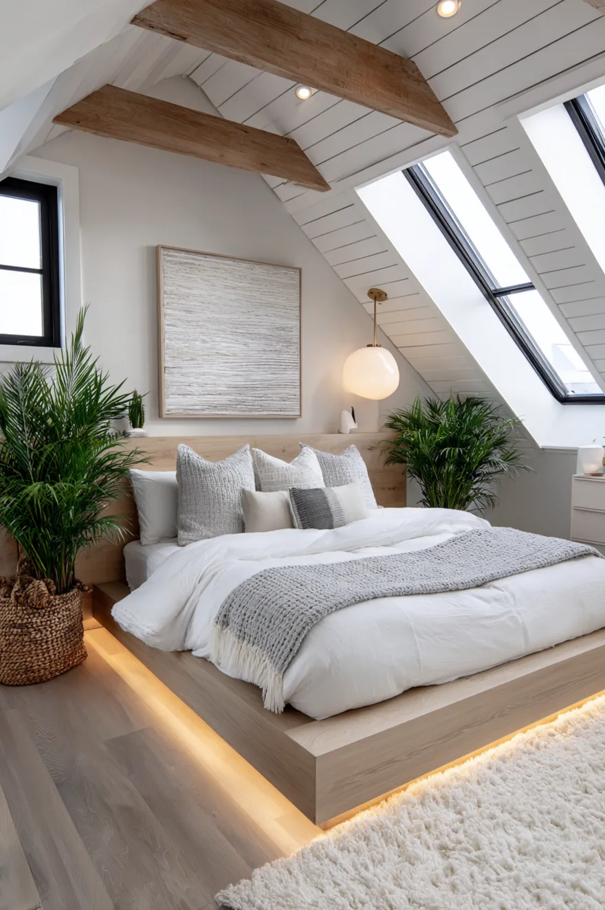 A bright attic bedroom with double skylights on the right slanted wall, a light wood platform bed with under-bed LED lighting, and two large potted plants.