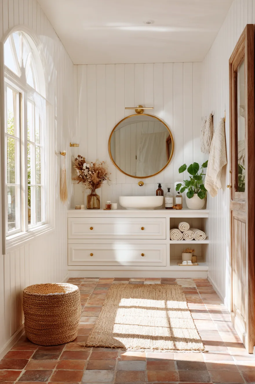 Square terracotta floor tiles in varying shades of rust and brown inside a warm bathroom with a white built-in vanity, a round gold mirror, gold sconces, and classic white beadboard walls.
