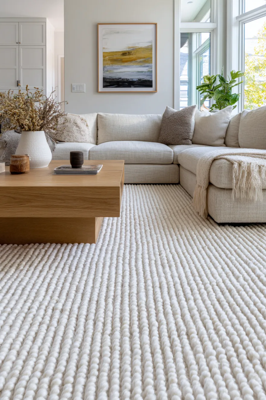 A light and airy living room featuring a light beige sectional sofa resting on a cream colored rug with a thick ribbed texture and raised loops.