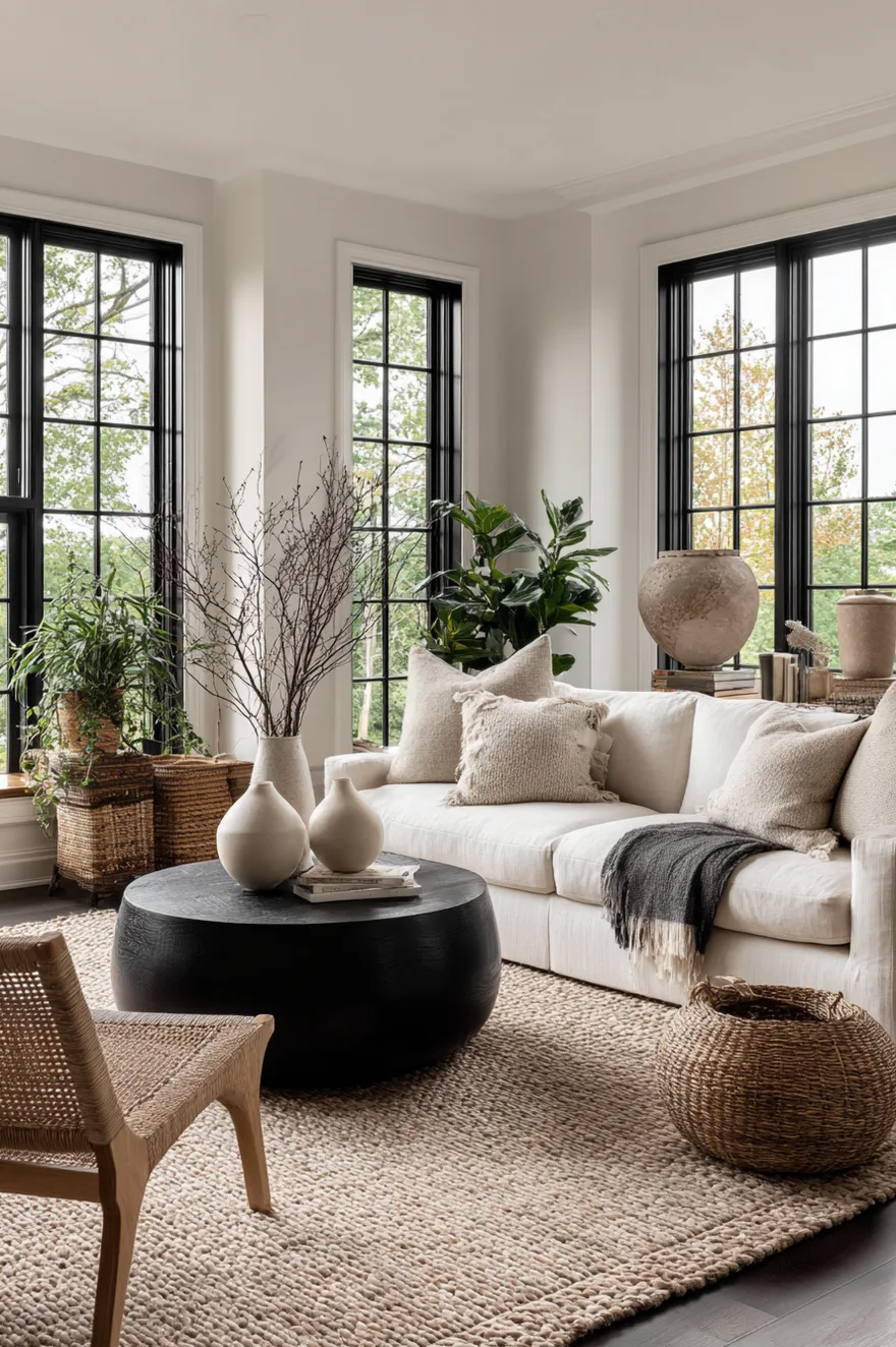 A thick, textured chunky knit beige area rug anchoring a cozy living room space with a low wood coffee table and the edge of a light-colored sofa.