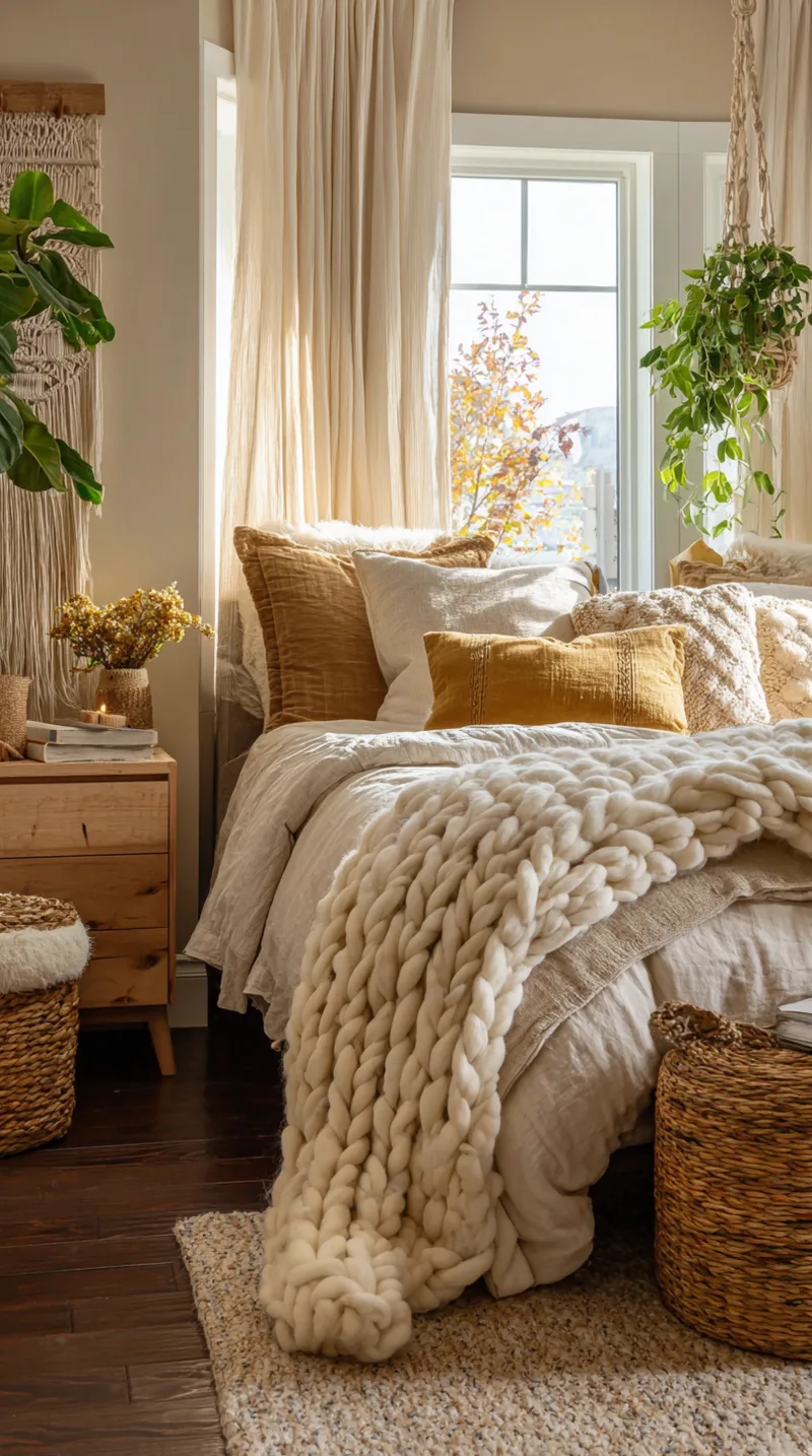 Close up of a teen bed layered with a chunky knit blanket, velvet pillows, and a fluffy faux fur rug on the floor.