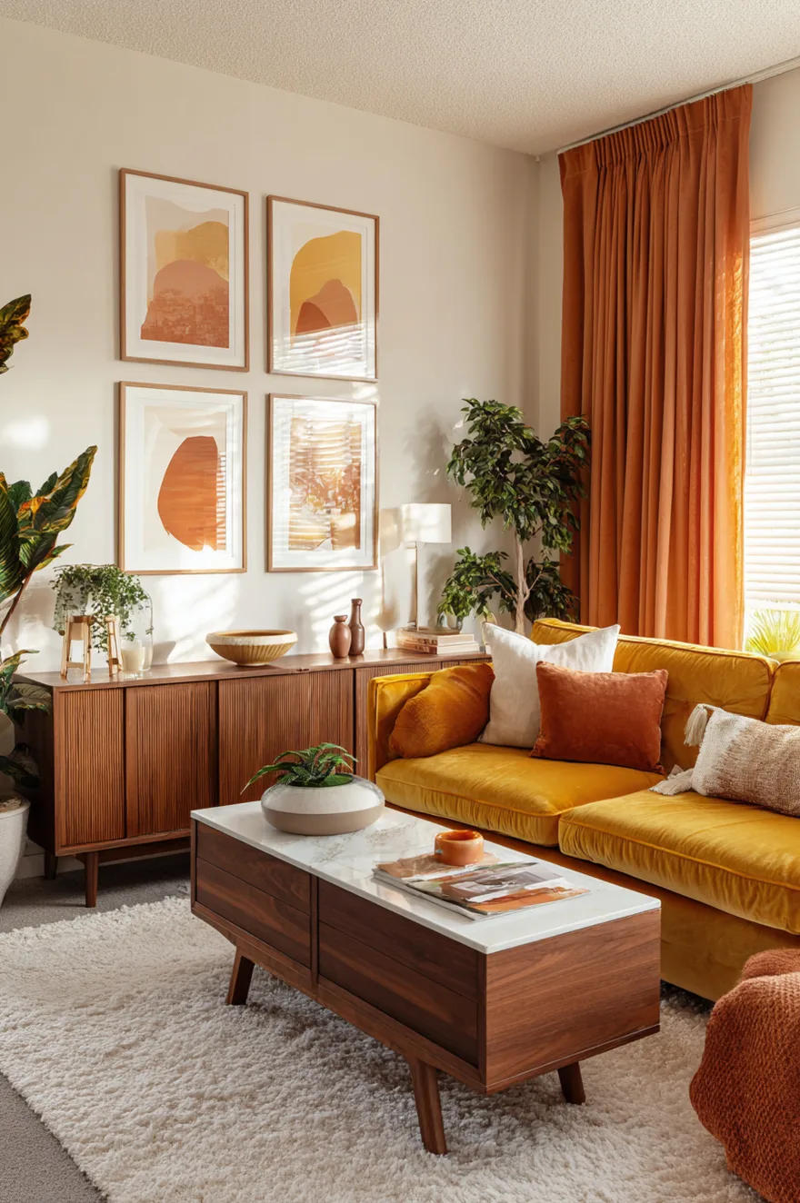 A harmonious mid-century living room palette featuring a burnt orange sofa, an olive green throw pillow, and a navy blue accent chair.
