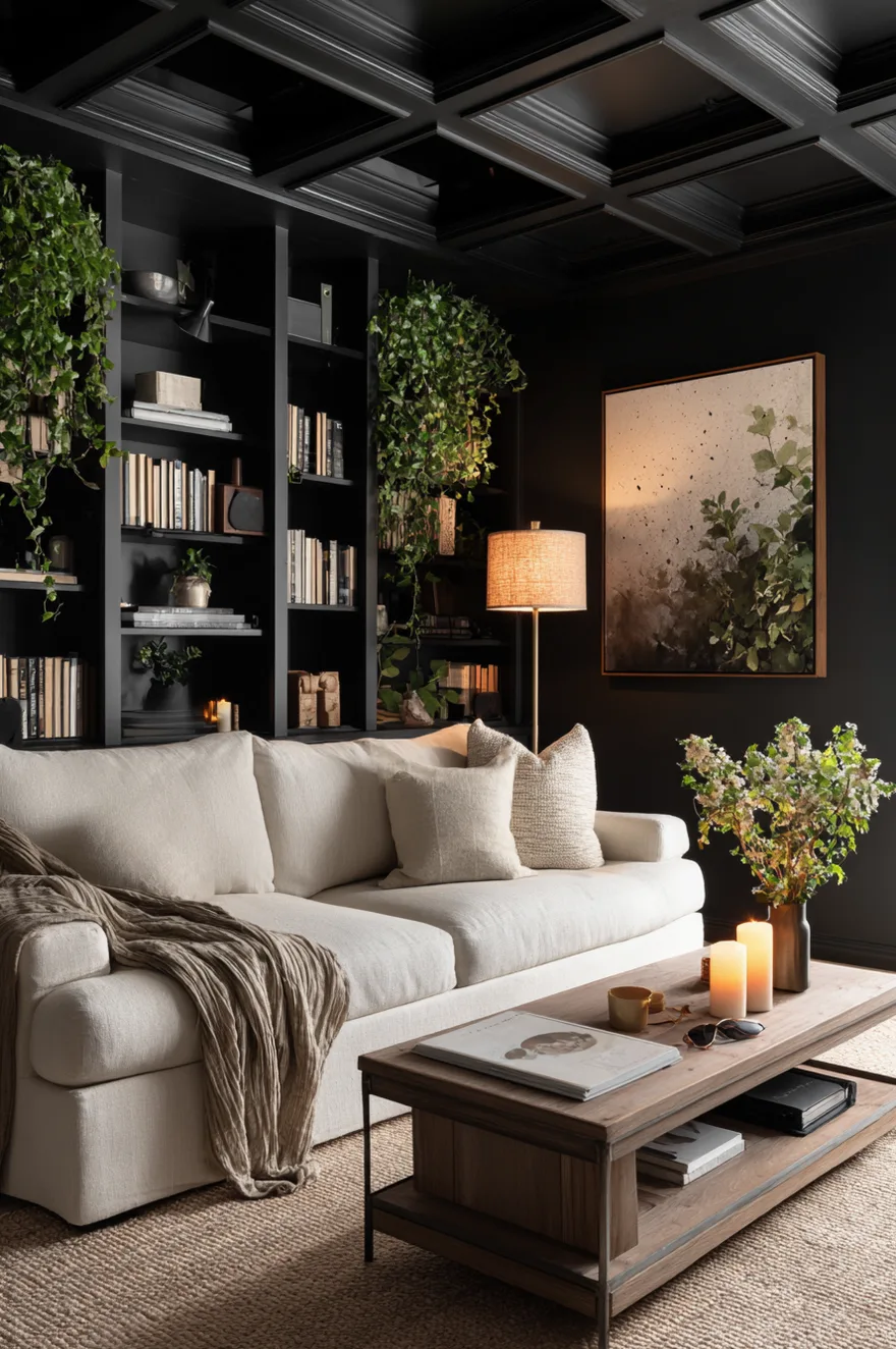 Finished basement with drop ceiling grid painted black and linen fabric panel inserts, cream sofa, jute rug, and warm brass floor lamp glowing in the corner.