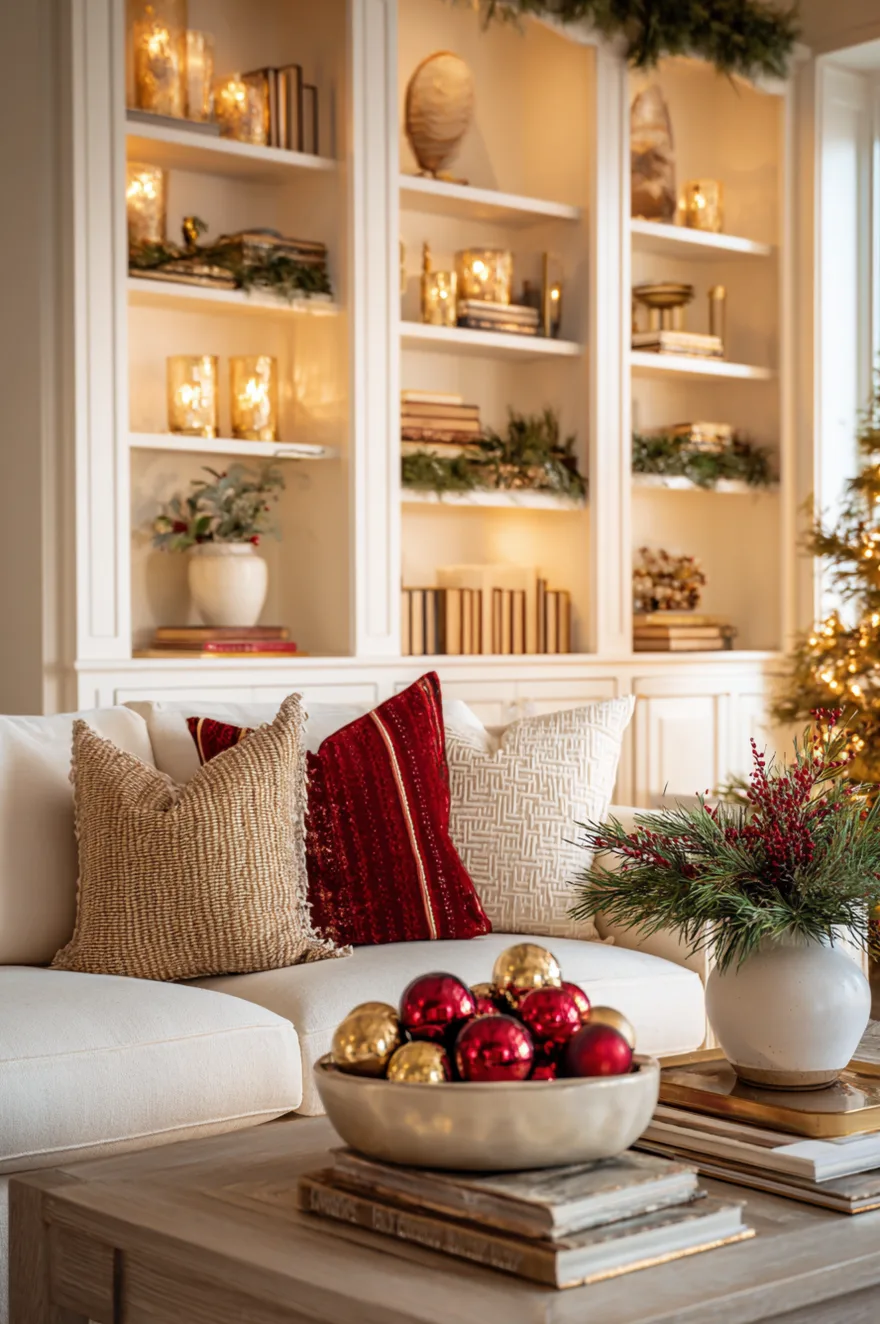 Built-in living room shelves decorated for Christmas with cedar garland, glowing mercury glass votives, matte red and brass ornaments in a ceramic bowl, and warm amber lamp light.