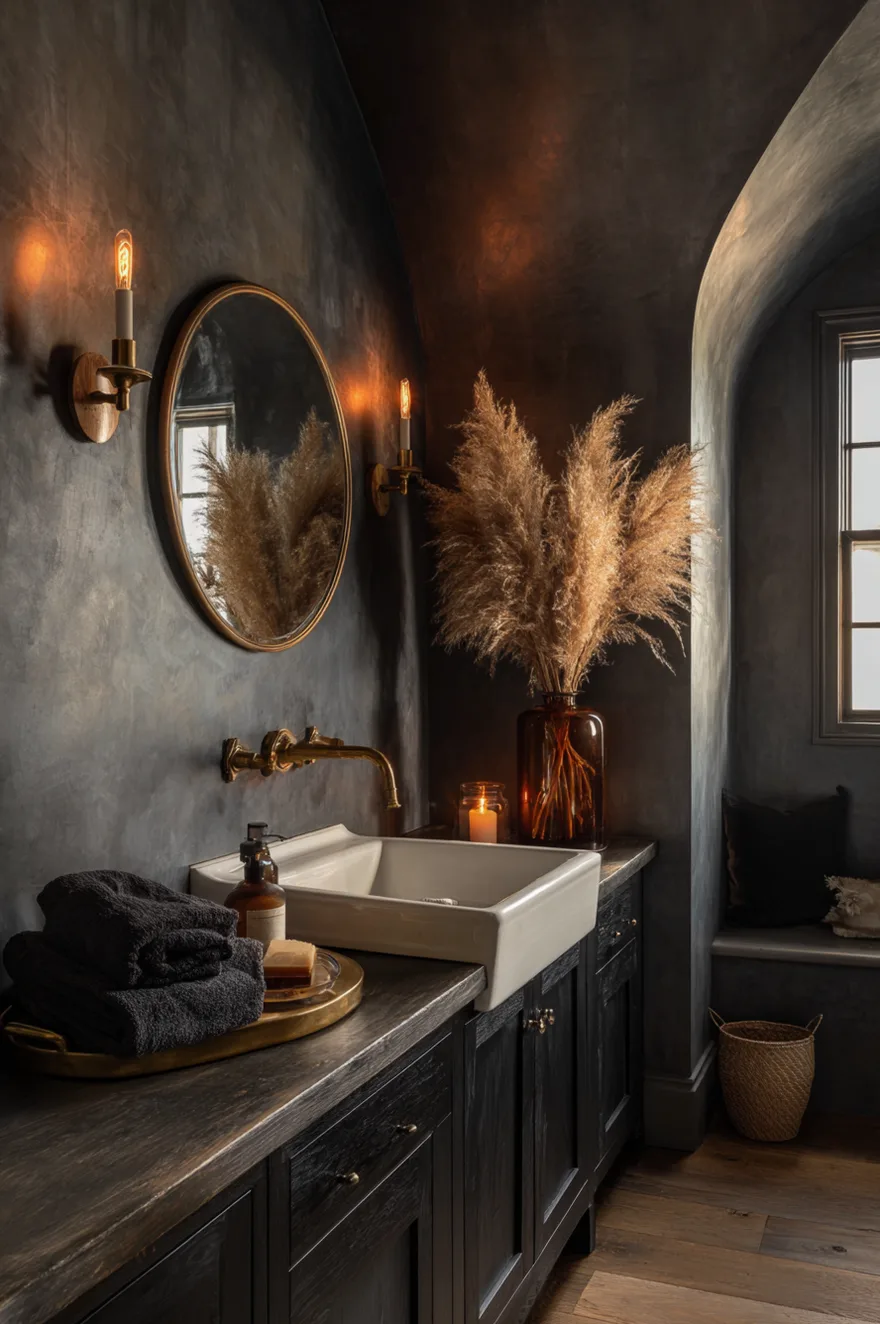 Charcoal plaster-finish bathroom walls with a white fireclay apron front sink, an arched wall niche with glowing Edison sconces, aged brass faucet, dried pampas grass in an amber bottle, and worn wood floors.