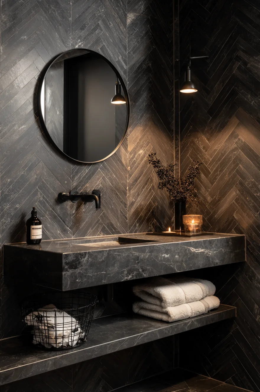 Powder room with floor-to-ceiling herringbone dark marble-look porcelain tile, white semi-recessed sink, matte black wall-mount faucet, and white grout lines.
