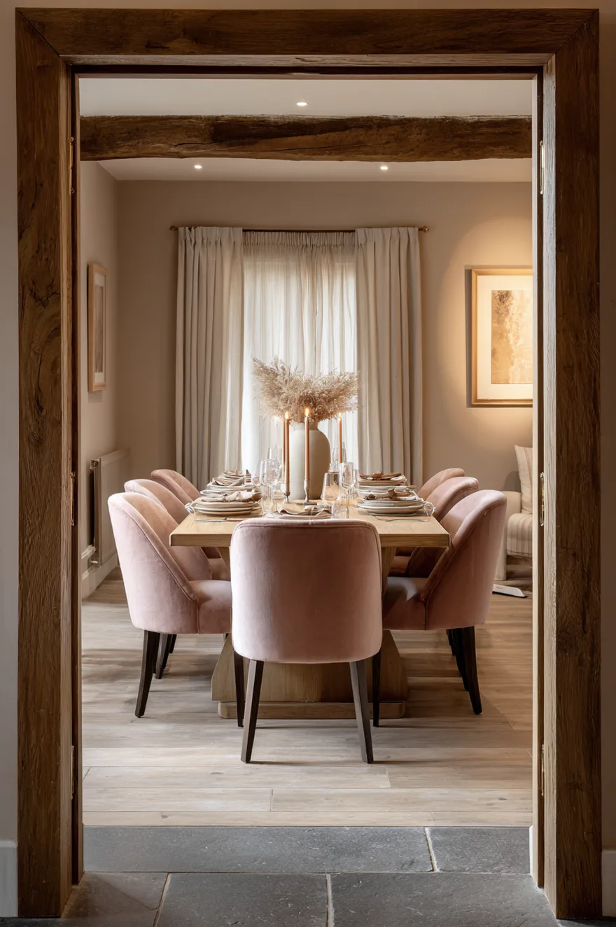 Two dusty rose velvet dining chairs at the head positions of a dining table with four natural linen side chairs, a ceramic centerpiece, and sheer curtains filtering soft light.