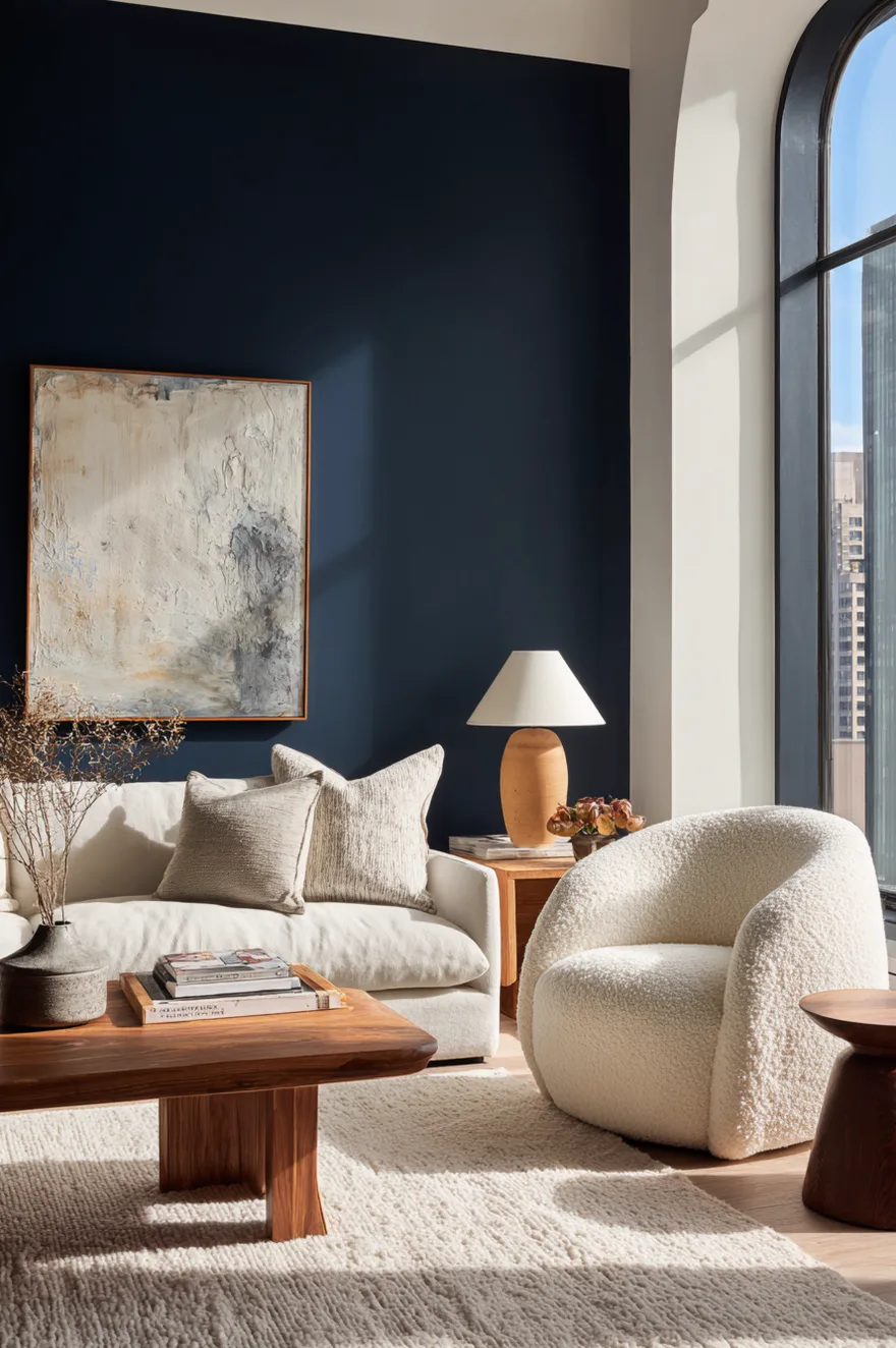 Minimalist living room with a deep navy accent wall, neutral linen sofa, cream bouclé accent chair, walnut coffee table, and one large abstract artwork leaning against the saturated wall.